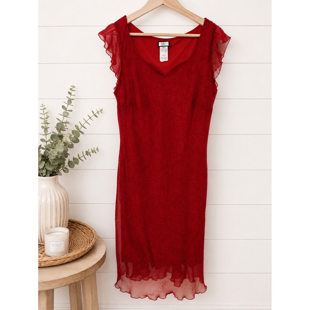 Believe Petite Sheath Dress Women 14P Red Sheer Layered Ruffle Sleeve V-Neck